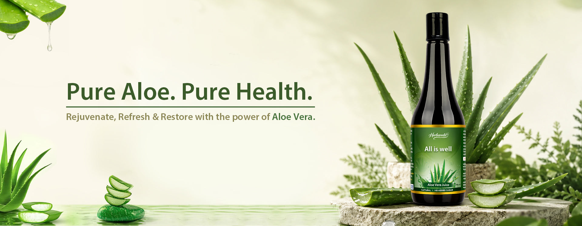 Aloe vera product with green leaves and text on a light green background