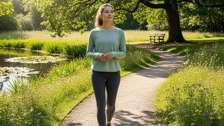 Woman jogging on a path in a park with trees and water features