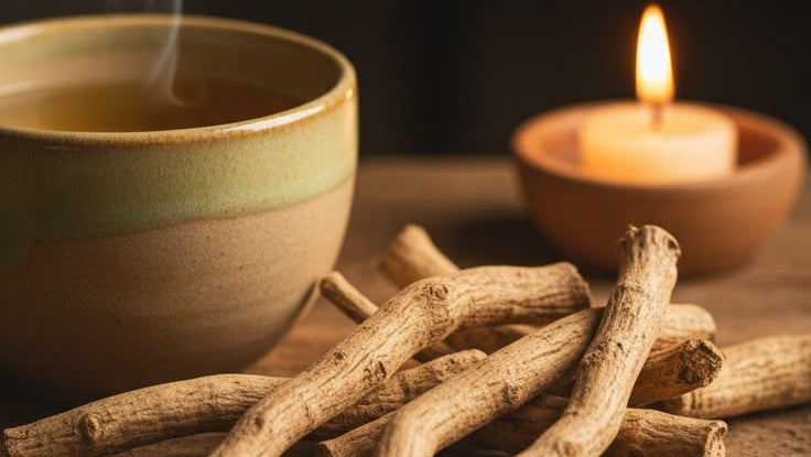 Steaming cup of tea with licorice roots and a lit candle on a wooden surface.