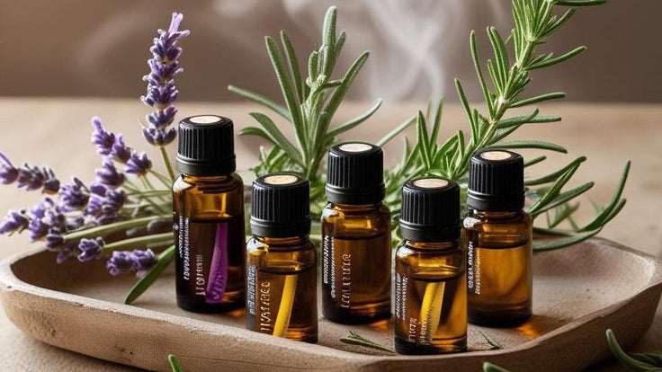 Essential oil bottles on a wooden tray with herbs and a blurred background