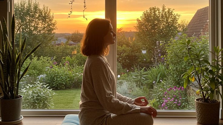 Person meditating in a room with large windows, plants, and a sunset view.