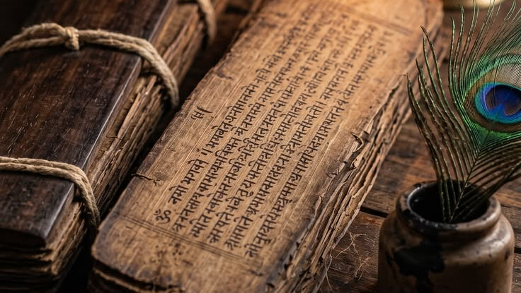 Old books with text on a wooden surface, accompanied by a lit candle and peacock feather.