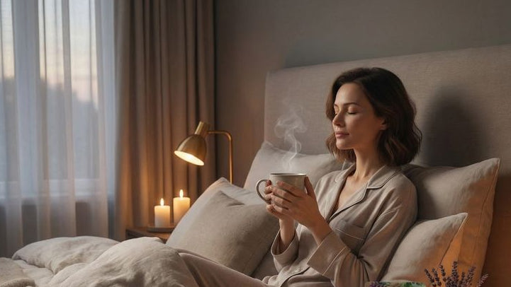 Woman in bed holding a steaming cup, surrounded by candles and a book, in a cozy bedroom setting.
