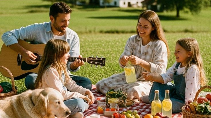 Family with children and dog having a picnic in a park