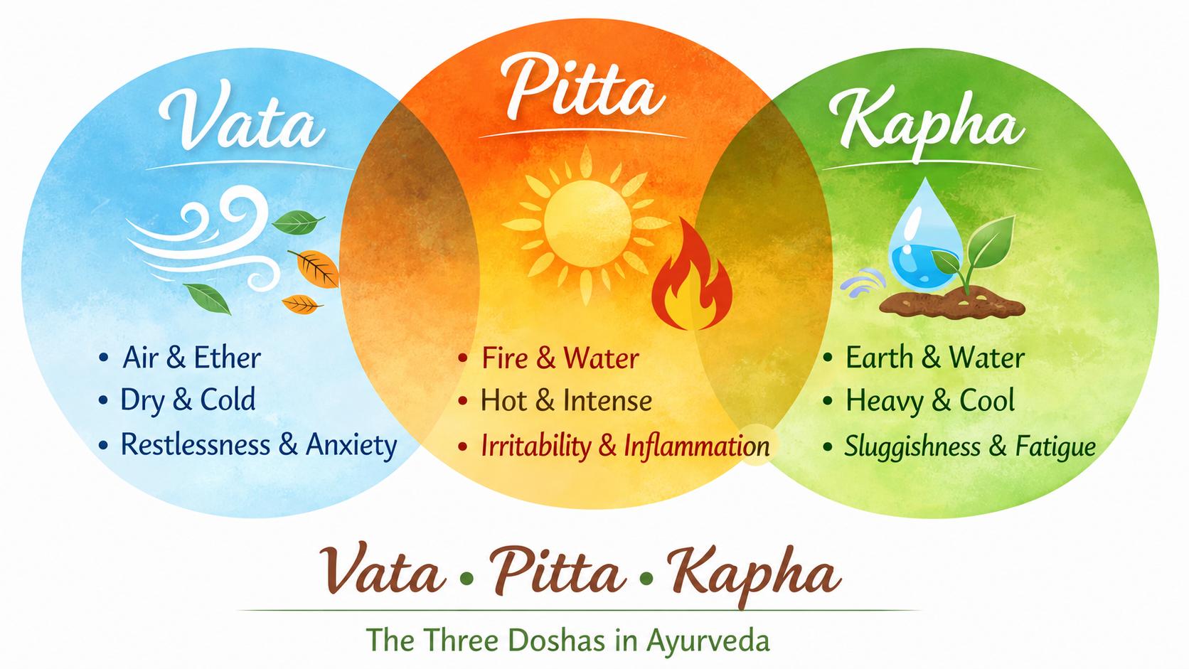 Diagram of Vata, Pitta, and Kapha doshas with descriptions and attributes.